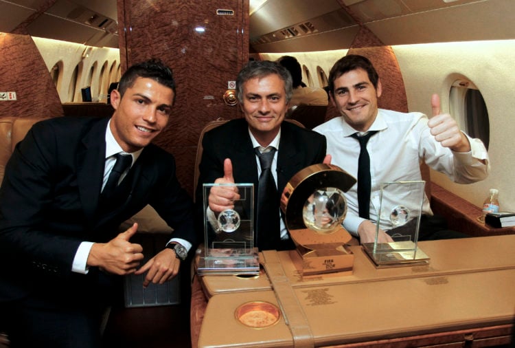 (EXCLUSIVE IMAGES - MINIMUM USAGE FEE APPLIES - 250 GBP OR LOCAL EQUIVALENT) (L-R) Cristiano Ronaldo, head coach Jose Mourinho and Iker Casillas of...