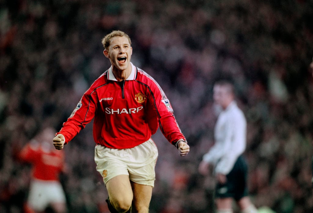 Nicky Butt of Manchester United celebrates the winner in the FA Carling Premiership match against Leeds United at Old Trafford in Manchester, Engla...