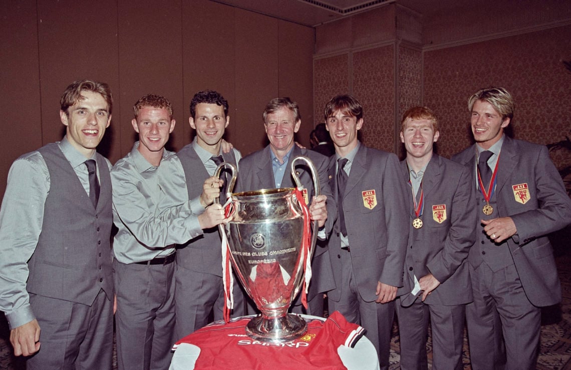 (L-R) Phil Neville,Nicky Butt,Ryan Giggs, Eric Harrison,Manchester United Youth Team Coach,Gary Neville, Paul Scholes,David Beckham pose with the C...