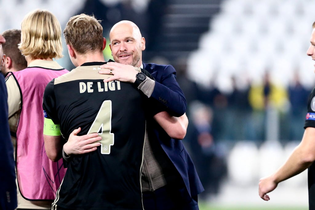 Erik ten Hag, head coach of Afc Ajax, celebrate with Matthijs de Ligt at the end of the UEFA Champions League quarter final second leg football mat...