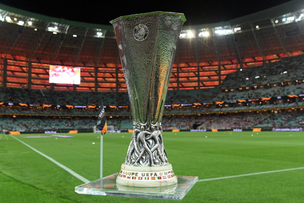 The Europa League trophy is displayed on the pitch prior to the UEFA Europa League final football match between Chelsea FC and Arsenal FC at the Ba...