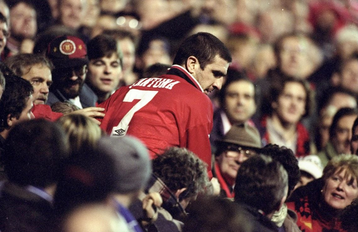 Eric Cantona of Manchester United is surrounded by the fans after an FA Carling Premiership match against Chelsea at Old Trafford in Manchester, En...