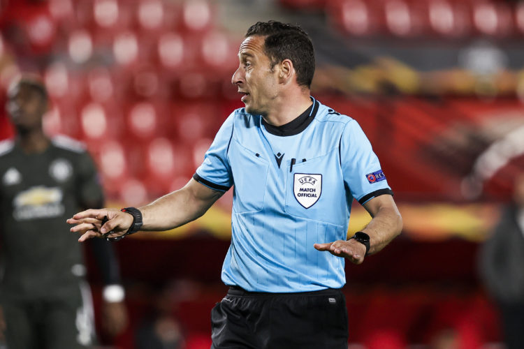 Referee Artur Dias during the UEFA Europa League   match between Granada v Manchester United at the Estadio Nuevo Los Carmenes on April 8, 2021 in ...