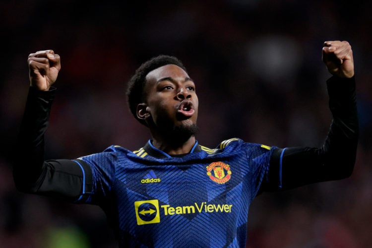 Anthony Elanga of Manchester United, celebrate 1-1  during the UEFA Champions League  match between Atletico Madrid v Manchester United at the Esta...