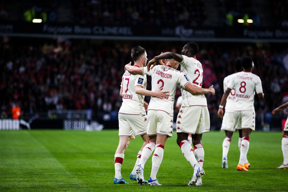 Aleksandr GOLOVIN of Monaco and VANDERSON of Monaco and Youssouf FOFANA of Monaco during the Ligue 1 Uber Eats match between Rennes and Monaco at R...