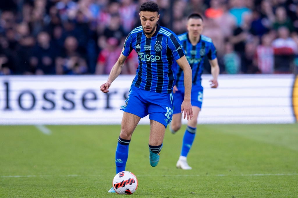 Noussair Mazraoui of AFC Ajax Controls the ball during the KNVB Cup final match between PSV Eindhoven and Ajax at De Kuip on April 17, 2022 in Rott...