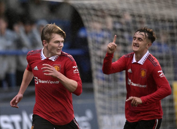 Ethan Ennis of Manchester United celebrates after scoring the late winning goal during the NI Super Cup match between Northern Ireland and Manchest...