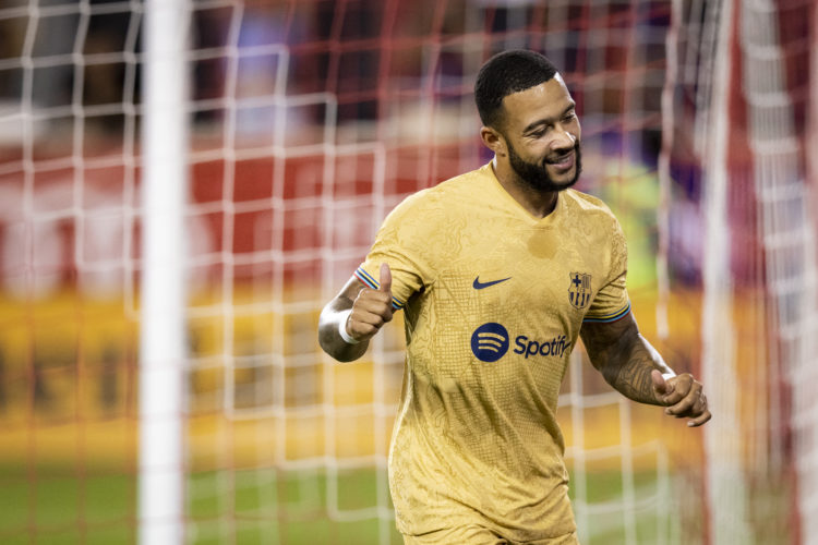 Memphis Depay #9 of FC Barcelona reacts to a missed goal in the second half of the preseason Friendly match against New York Red Bulls at Red Bull ...