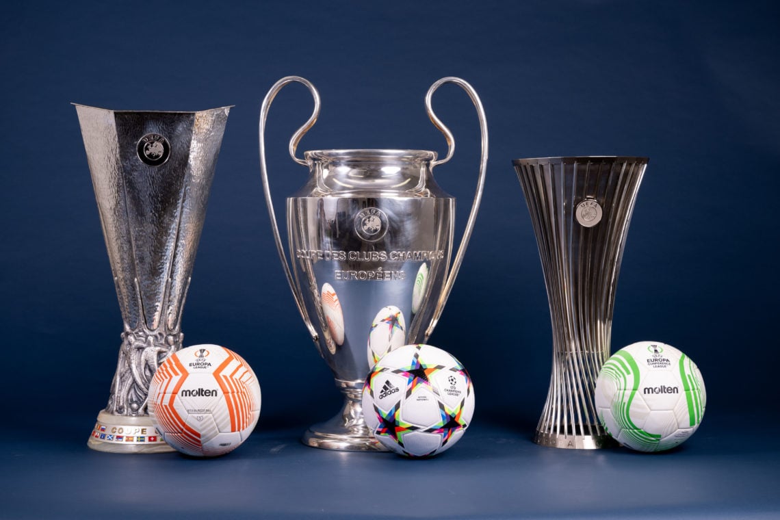 A view of the UEFA Europa League, UEFA Champions League and UEFA Europa Conference League 2022/23 Group Stage match balls next to the UEFA Europa L...