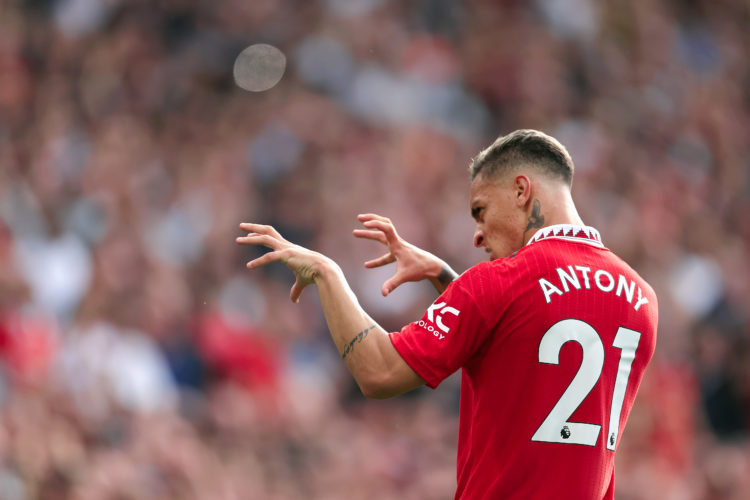 Antony of Manchester United celebrates after scoring their 1st goal during the Premier League match between Manchester United and Arsenal FC at Old...