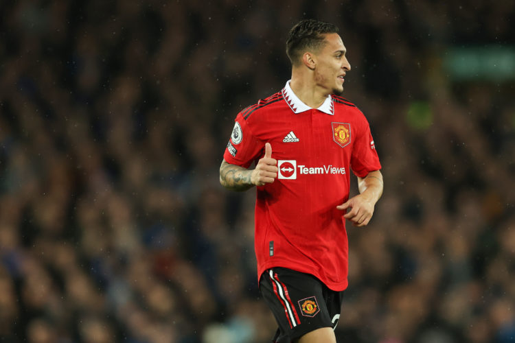 Antony of Manchester United during the Premier League match between Everton FC and Manchester United at Goodison Park on October 9, 2022 in Liverpo...