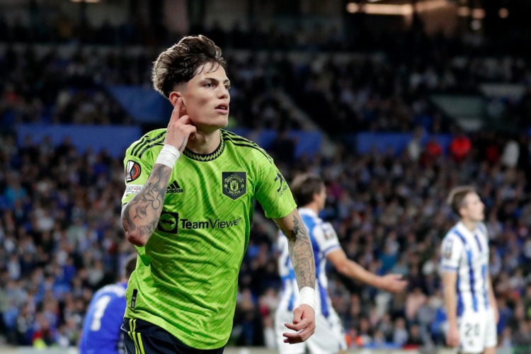 Alejandro Garnacho of Manchester United celebrates 0-1 during the UEFA Europa League   match between Real Sociedad v Manchester United at the Estad...