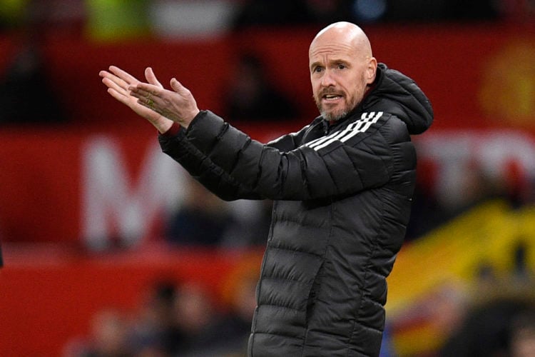 Manchester United's Dutch manager Erik ten Hag gestures on the touchline during the English League Cup quarter final football match between Manches...