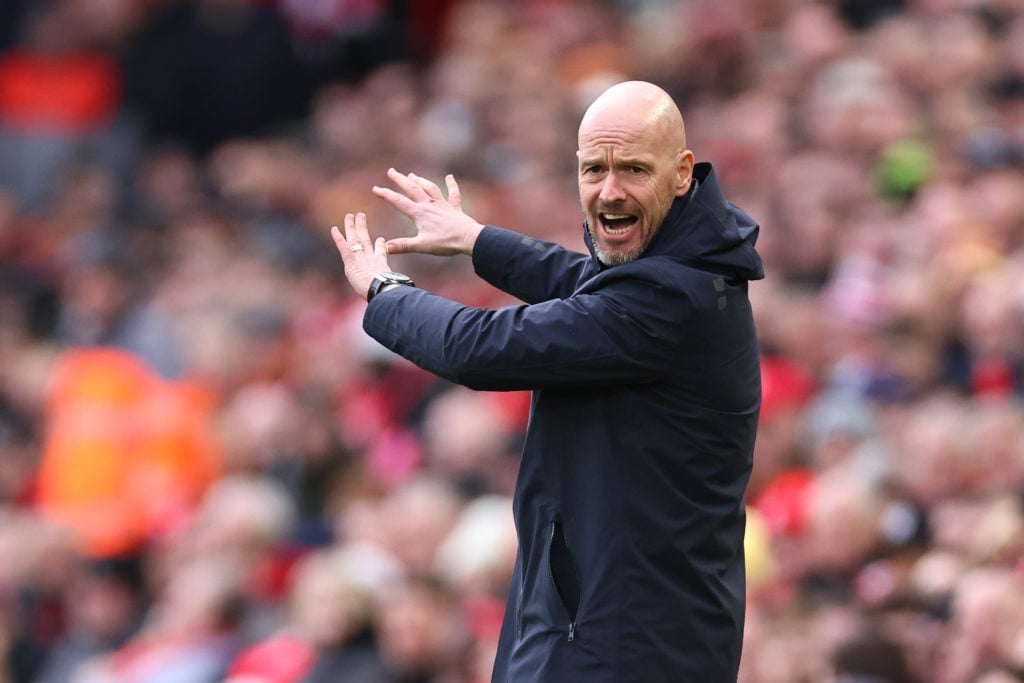 Erik Ten Hag the manager / head coach of Manchester United during the Premier League match between Liverpool FC and Manchester United at Anfield on...