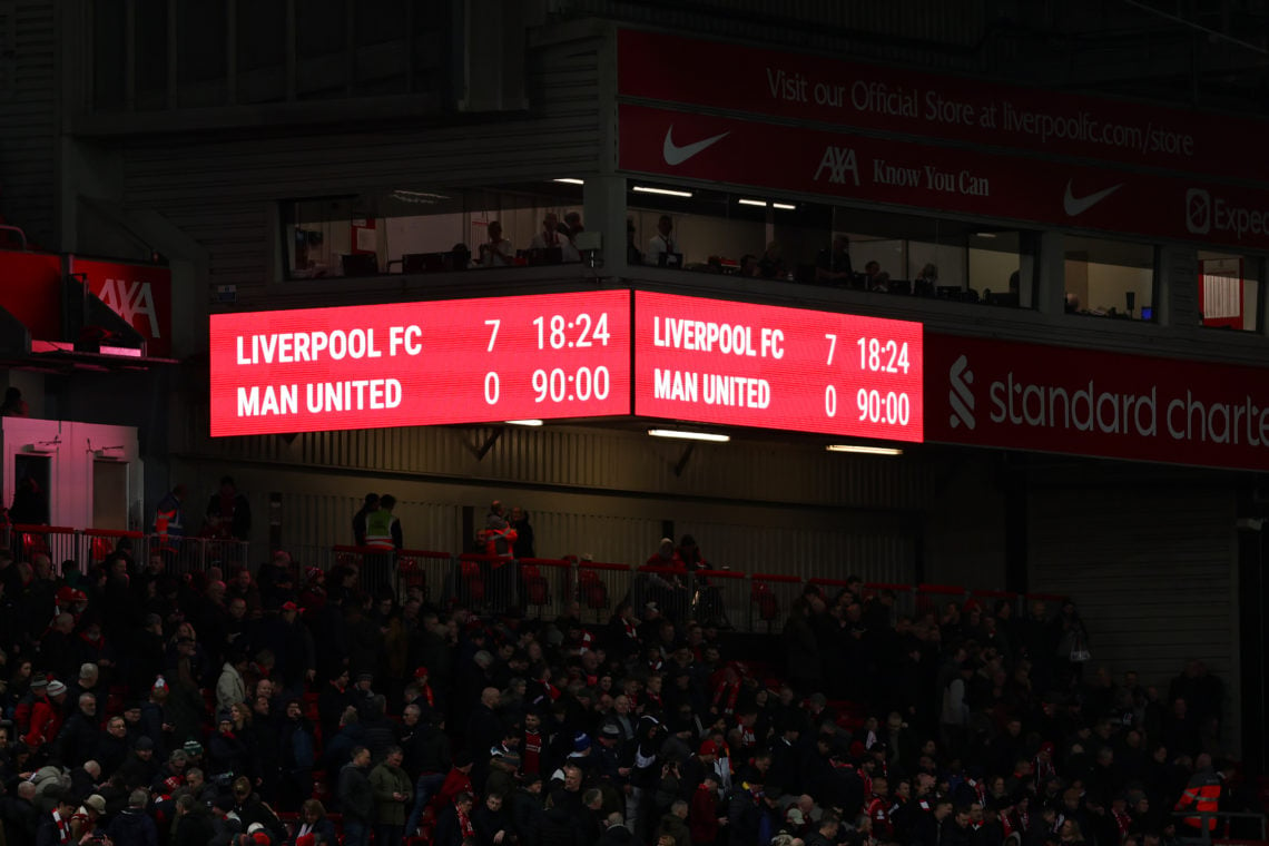 The LED Scorebaord showing the scoreline of Liverpool 7-0 Manchester United during the Premier League match between Liverpool FC and Manchester Uni...