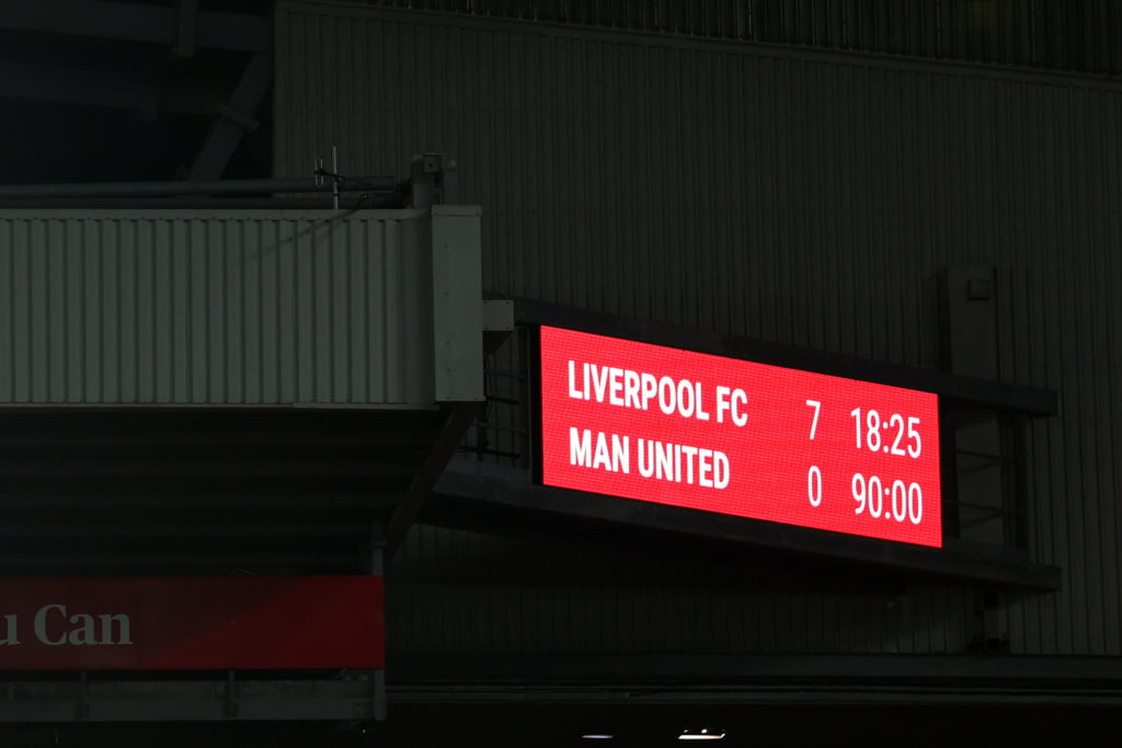 The LED Scorebaord showing the scoreline of Liverpool 7-0 Manchester United during the Premier League match between Liverpool FC and Manchester Uni...