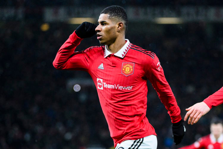 Marcus Rashford of Manchester United celebrates his goal during the UEFA Europa League round of 16 leg one match between Manchester United and Real...