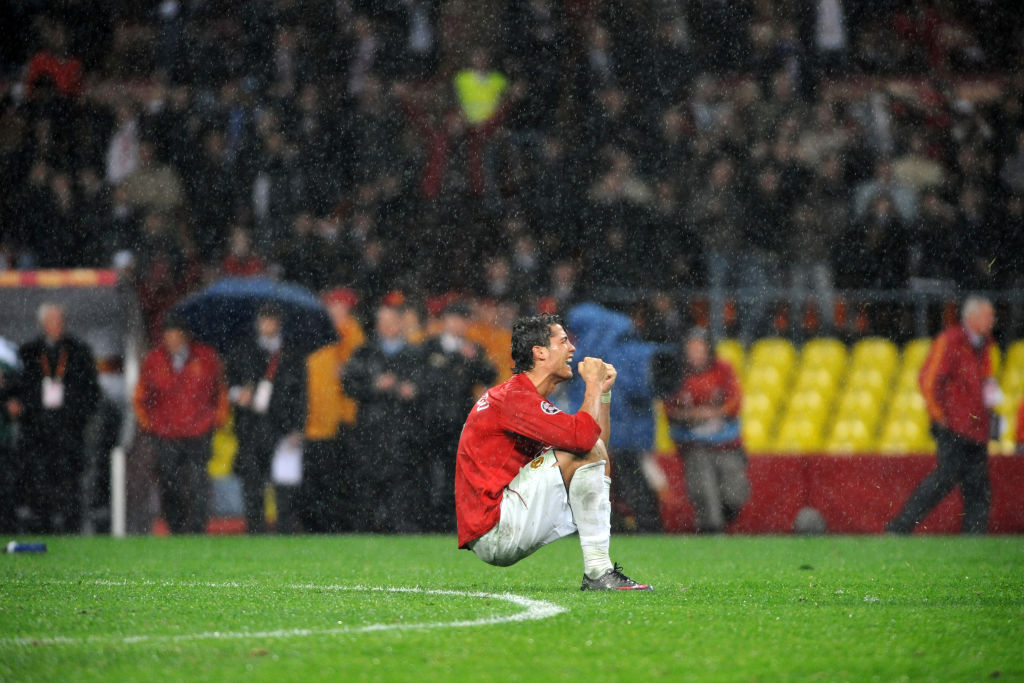 Cristiano Ronaldo of Manchester United celebrates his side's victory through the penalty shootout during the UEFA Champions League final between Ma...