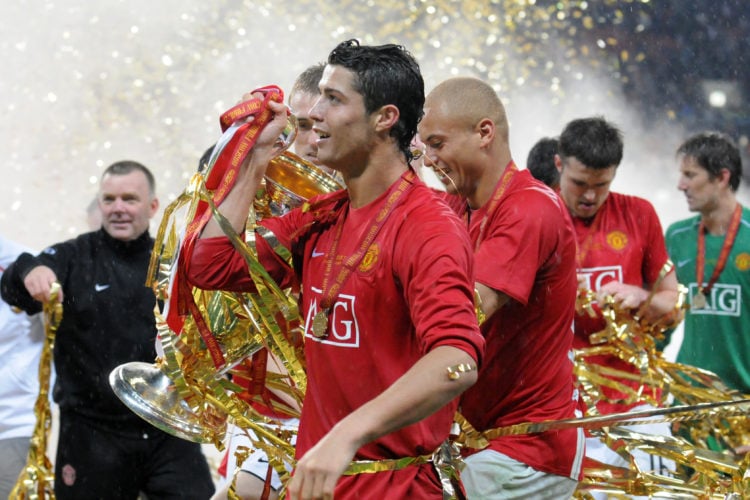 Cristiano Ronaldo of Manchester United celebrates after the UEFA Champions League final between Manchester United and Chelsea at the Luzhniki Stadi...