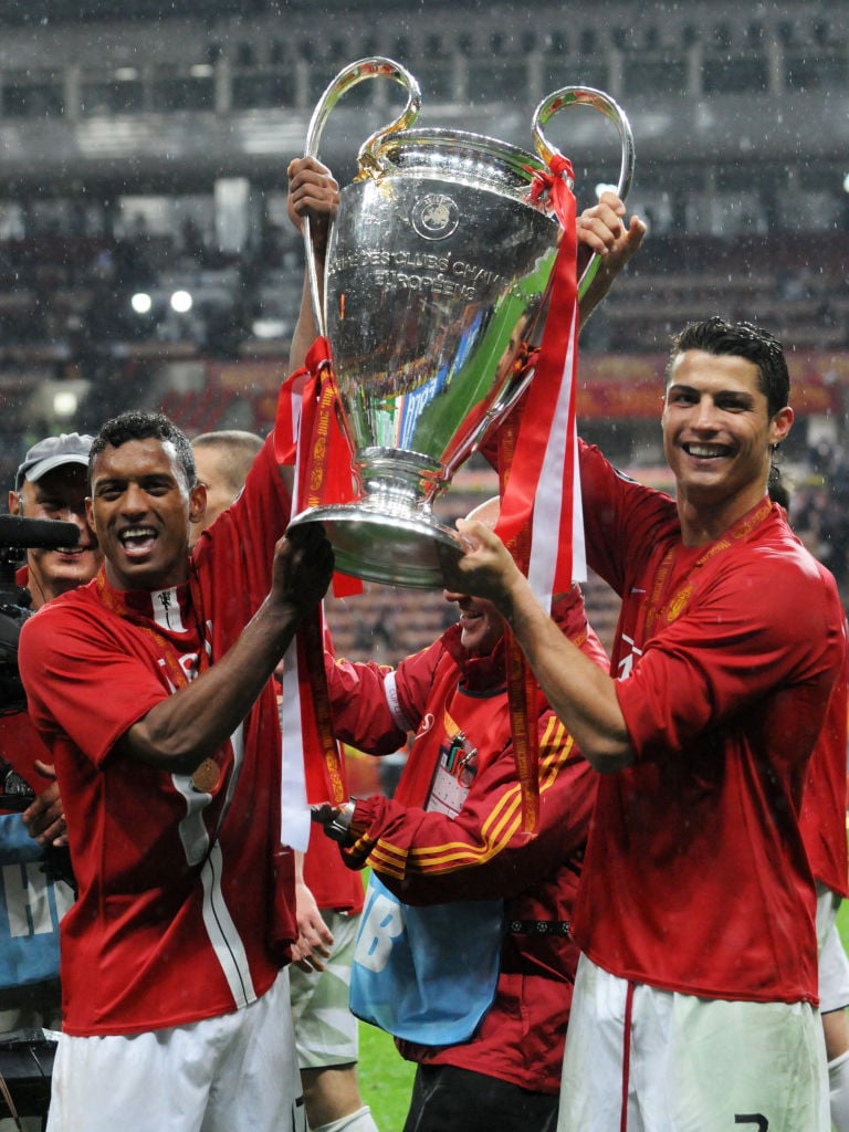 Cristiano Ronaldo and Nani of Manchester United lift the trophy after the UEFA Champions League final between Manchester United and Chelsea at the ...