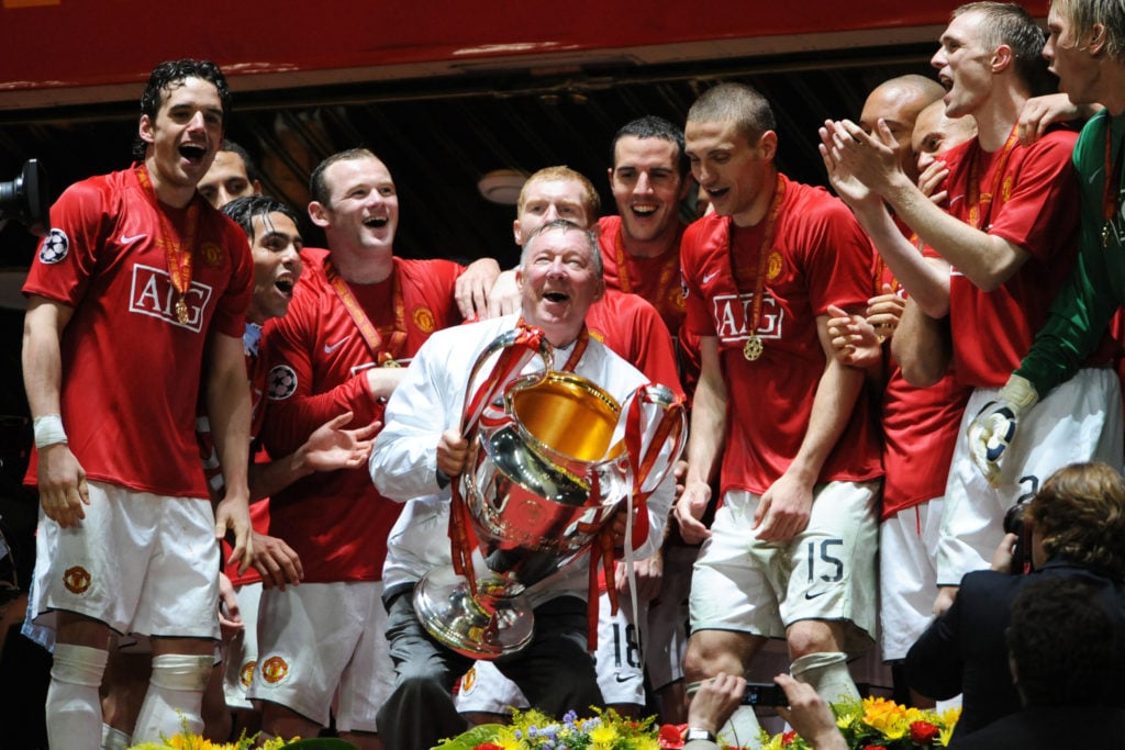 Manchester United manager Alex Ferguson lifts the trophy after the UEFA Champions League final between Manchester United and Chelsea at the Luzhnik...