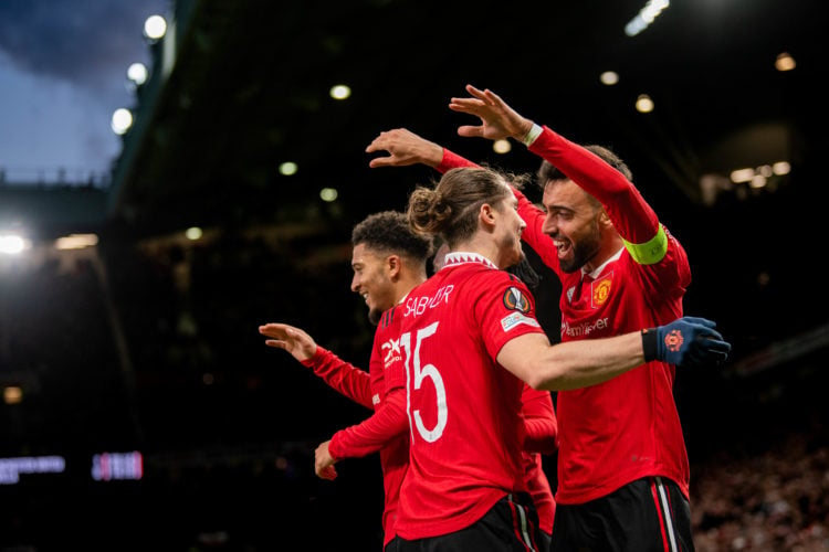 Marcel Sabitzer of Manchester United  celebrates scoring a goal to make the score 1-0 with his team-mates during the UEFA Europa League Quarterfina...