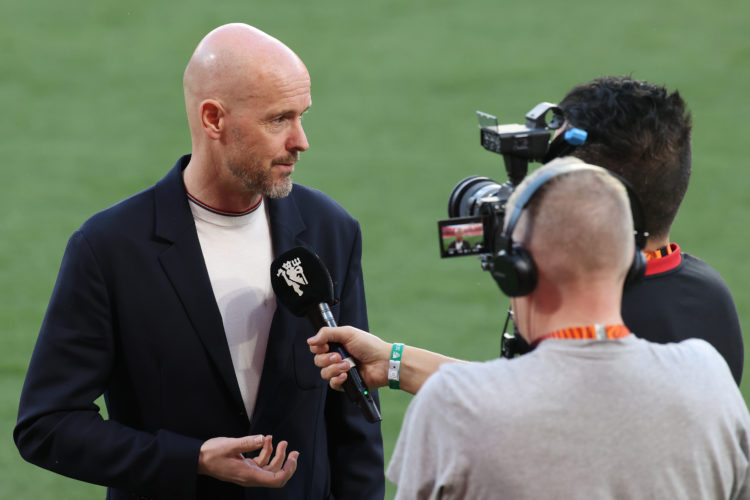 Manchester United Head Coach / Manager Erik ten Hag answers questions for TV ahead of their UEFA Europa League quarterfinal second leg match agains...