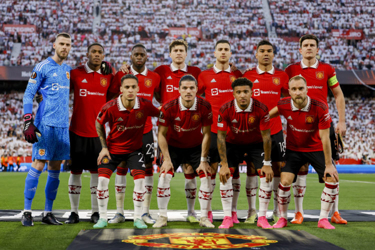 the players of Manchester United during the team photo prior to the UEFA Europa League quarterfinal second leg match between Sevilla FC and Manches...