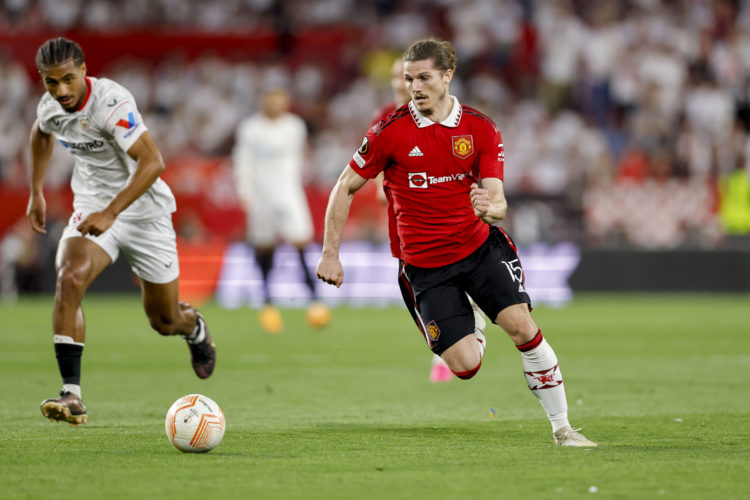 Marcel Sabitzer of Manchester United controls the ball during the UEFA Europa League quarterfinal second leg match between Sevilla FC and Mancheste...