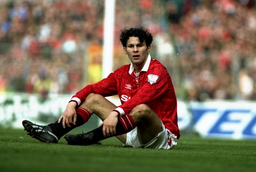 Ryan Giggs of Manchester United sits on the pitch during the FA Cup semi-final against Oldham Athletic at WEembley Stadium in London, England.   Ma...