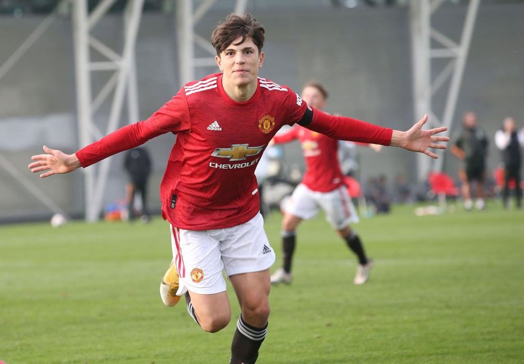 Alejandro Garnacho of Manchester United U18s celebrates scoring their second goal during the Premier League U18 match between Manchester United U18...