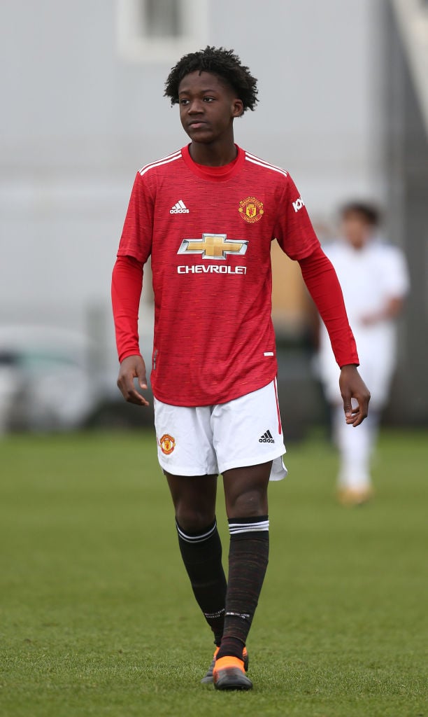 Kobbie Mainoo of Manchester United U18s in action during the U18 Premier League match between Manchester United U18s and Leeds United U18s at Aon T...