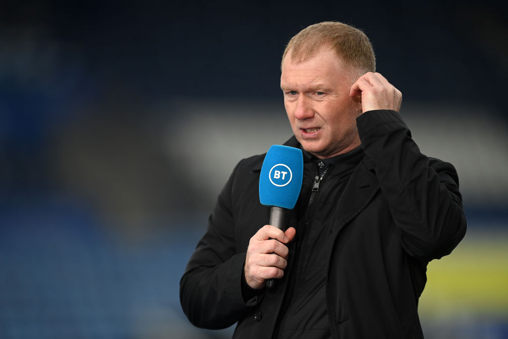 BT Sport Pundit, Paul Scholes looks on prior to the Premier League match between Leicester City and Manchester United at The King Power Stadium on ...