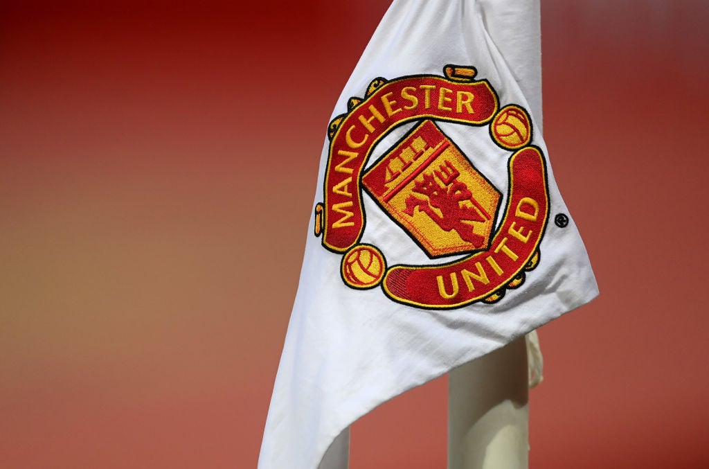 Detailed view of a Manchester United badge on a corner flag ahead of The Emirates FA Cup Fourth Round match between Manchester United and Liverpool...