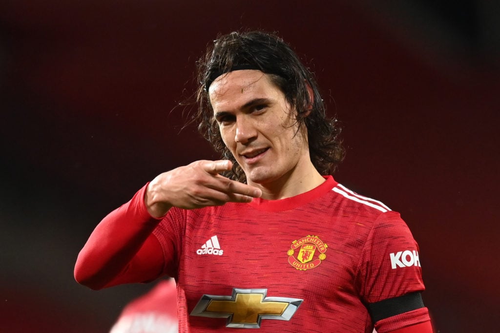 Edinson Cavani of Manchester United celebrates after scoring their team's first goal during the Premier League match between Manchester United and ...