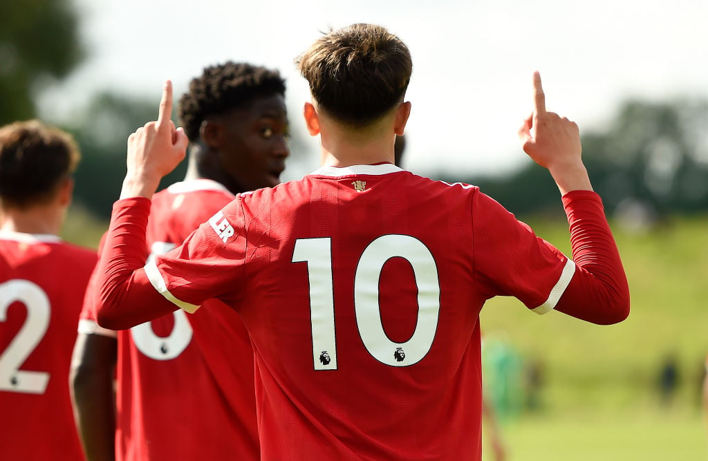 Alejandro Garnacho of Manchester United U18s celebrates scoring their fifth goal during the U18 Premier League match between Birmingham City U18s a...