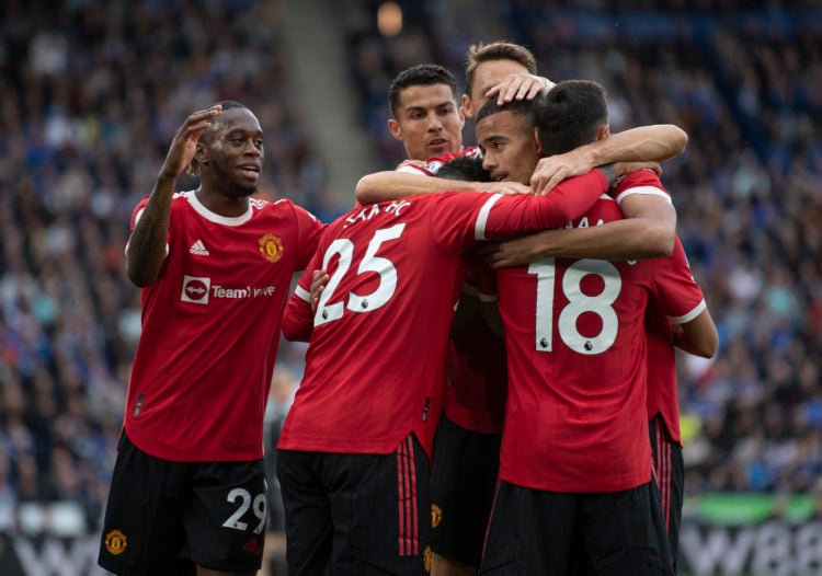 Mason Greenwood of Manchester United celebrates scoring the first goal with team mates Aaron Wan-Bissaka, Cristianl Ronaldo, Nemanja Matic, Jadon S...