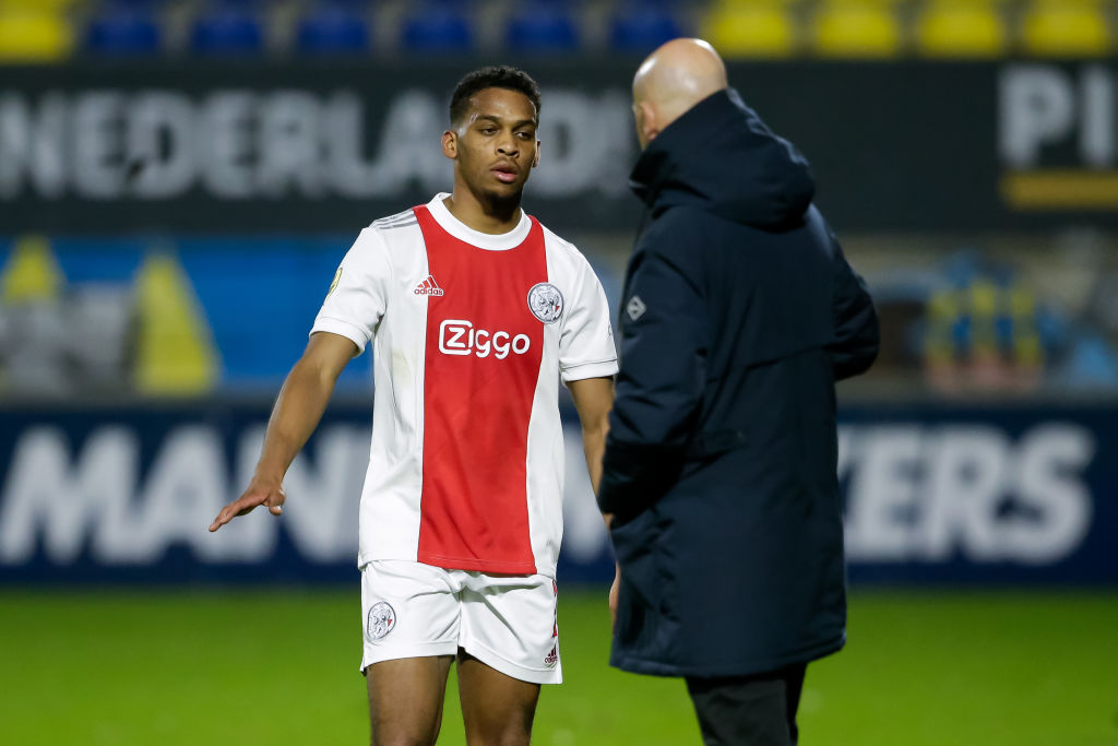 Jurrien Timber of Ajax and Coach Erik Ten Hag of Ajax during the Dutch Eredivisie match between RKC Waalwijk and Ajax at the Mandemakers Stadion on...