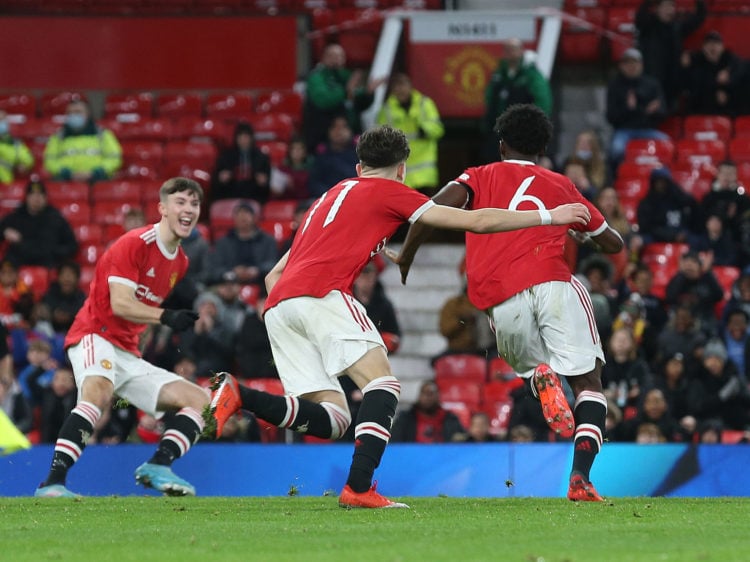 Kobbie Mainoo of Manchester United U18s celebrates scoring their second goal during the FA Youth Cup match between Manchester United U18s and Evert...