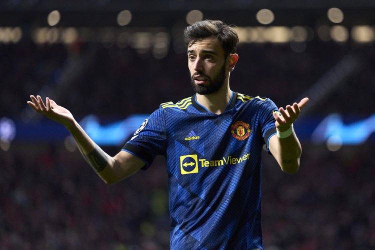 Bruno Fernandes of Manchester United reacts during the UEFA Champions League Round Of Sixteen Leg One match between Atletico Madrid and Manchester ...