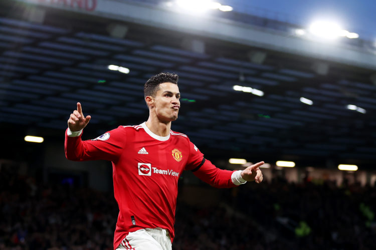 Cristiano Ronaldo of Manchester United celebrates after scoring their side's second goal during the Premier League match between Manchester United ...