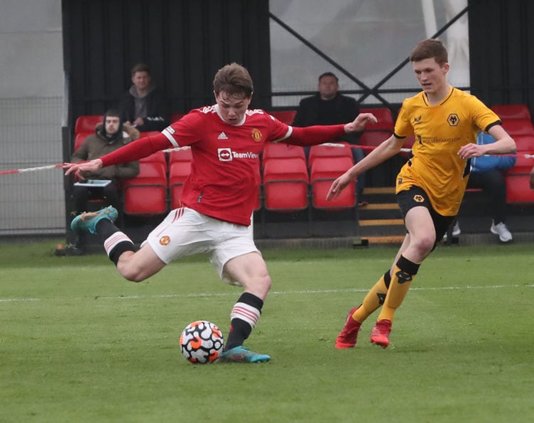 Ethan Ennis of Manchester United U18s scores their first goal during the U18s Premier League match between Manchester United U18s and Wolverhampton...