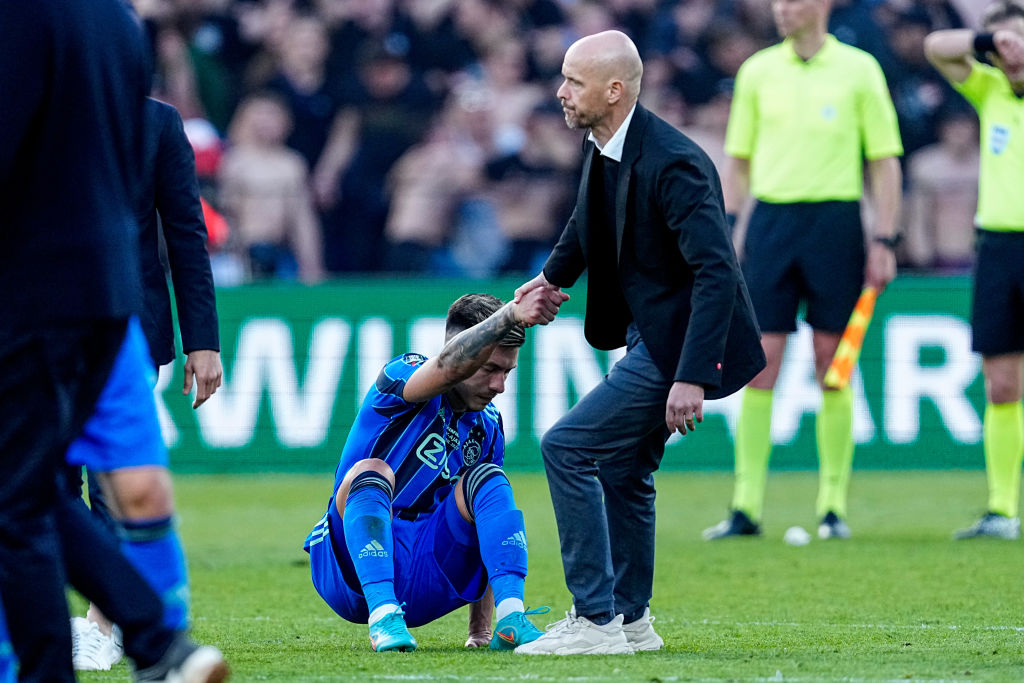 head coach Erik ten Hag of Ajax, Lisandro Martinez of Ajax after the TOTO KNVB Cup Final match between PSV and Ajax at Stadion Feijenoord on April ...