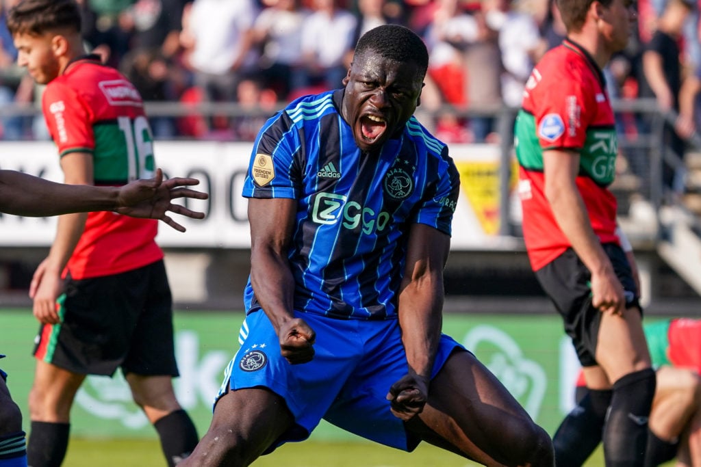 Brian Brobbey of Ajax is celebrating his goal during the Dutch Eredivisie match between NEC Nijmegen and Ajax at Het Goffertstadion on April 23, 20...