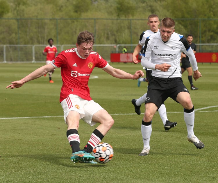 Ethan Ennis of Manchester United U18s in action during the U18s Premier League match between Manchester United U18s and Derby County U18s at Carrin...