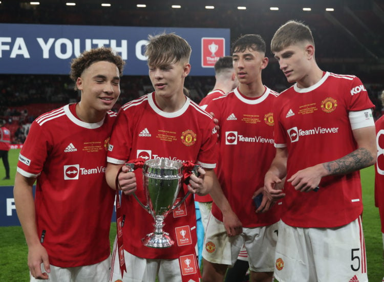 Sam Murray, Sam Mather, Sonny Aljofree of Manchester United U18s celebrate after the FA Youth Cup Final between Manchester United U18s and Nottingh...