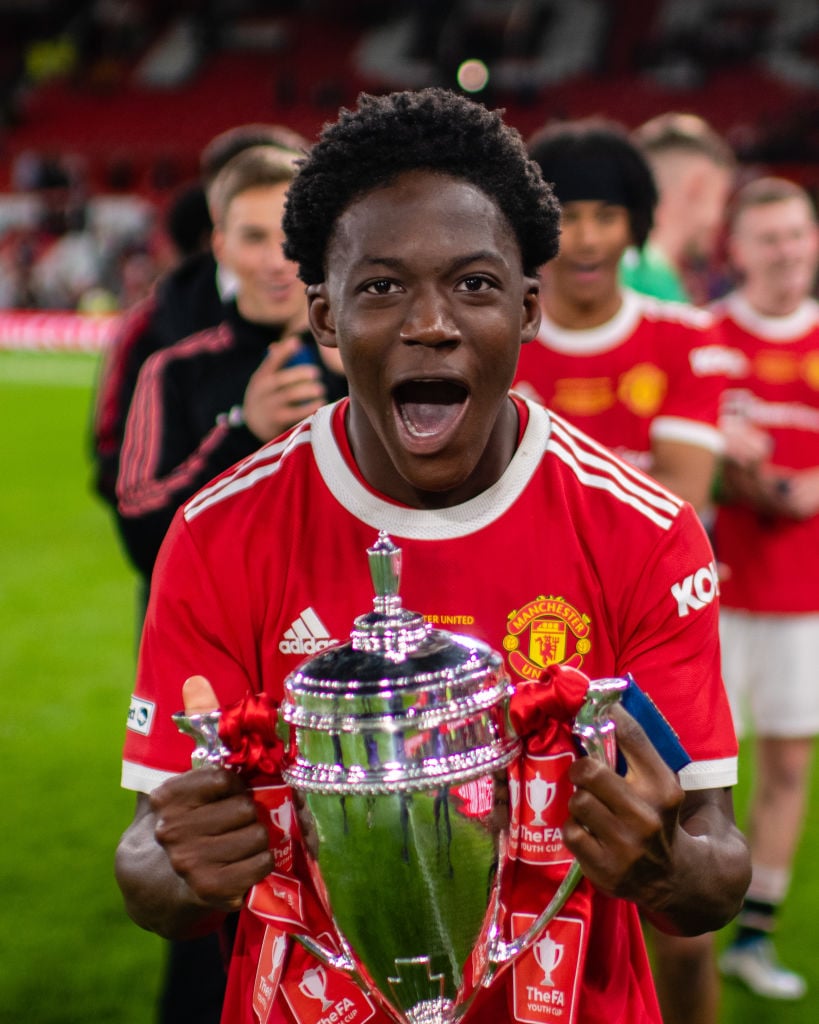 Kobbie Mainoo of Manchester United U18s celebrate after the FA Youth Cup Final between Manchester United U18s and Nottingham Forest U18s at Old Tra...