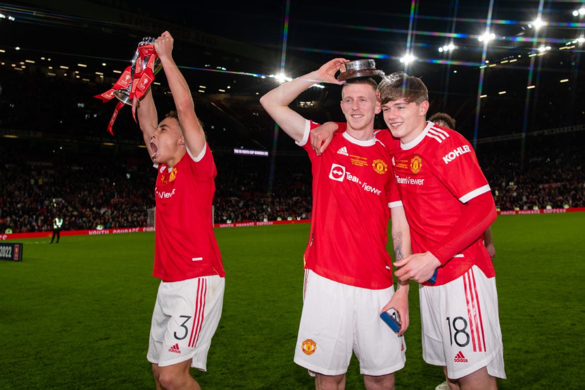 Sam Murray, Logan Pye, Ethan Ennis of Manchester United U18s celebrate after the FA Youth Cup Final between Manchester United U18s and Nottingham F...