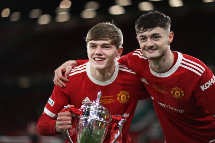 Ethan Ennis and Joe Hugill of Manchester United poses with the trophy during the FA Youth Cup Final match between Manchester United and Nottingham ...