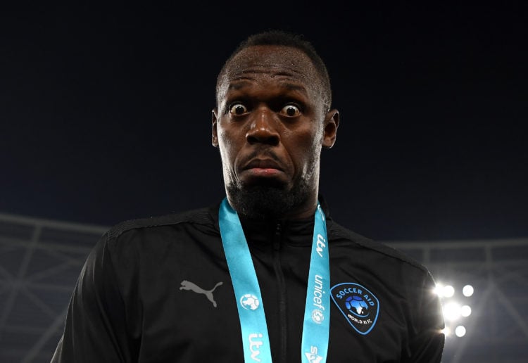 Usain Bolt of World XI FC looks on after Soccer Aid for Unicef 2022 at London Stadium on June 12, 2022 in London, England.